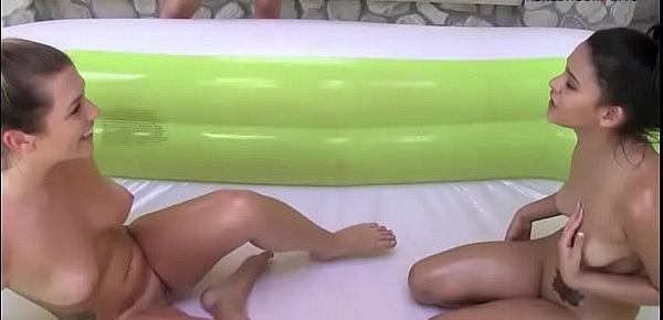  BFFs oil wrestling in inflatable pool